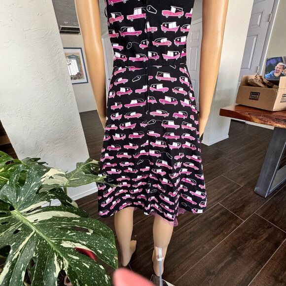 Folter Black vintage dress with pink hearse print sz L - Picture 3 of 13